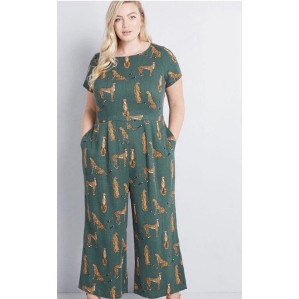 Modcloth Womens Plus Size 3X Retro Jumpsuit Emerald Green Cheetah Cat Wide Leg